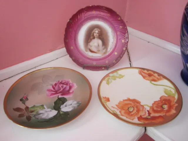 3 Antique 6 inch Porcelain Plates Portrait- Poppy-Roses