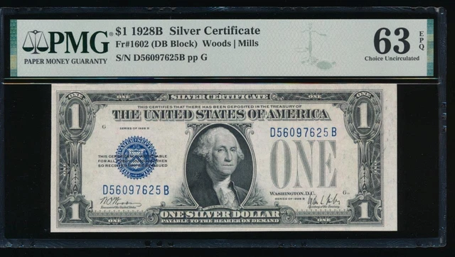 AC 1928B $1 Silver Certificate PMG 63 EPQ D-B block UNC  Fr 1602!!!