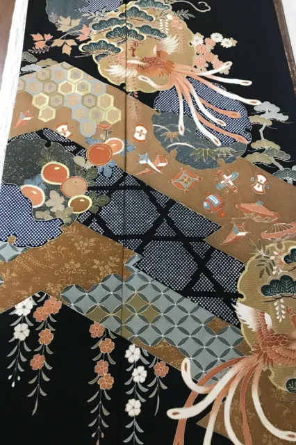 @@ Japanese kimono silk fabric/ tomesode black/ firebird A11
