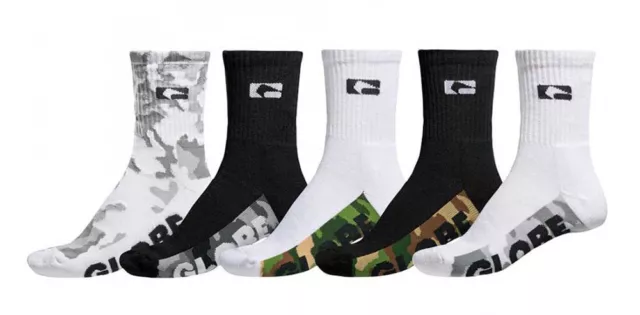 5 Paia - Calze Globe Malcom Crew Camo White Black Uomo Donna Unisex Taglia Unica