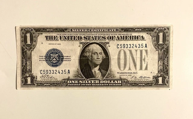1928 $1 (One Dollar) Blue Seal Silver Certificate Washington Very Fine Banknote
