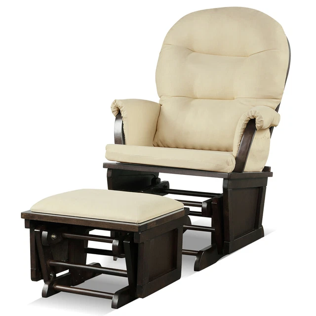 Wood Glider & Ottoman Cushion Set Baby Nursery Rocking Chair Beige