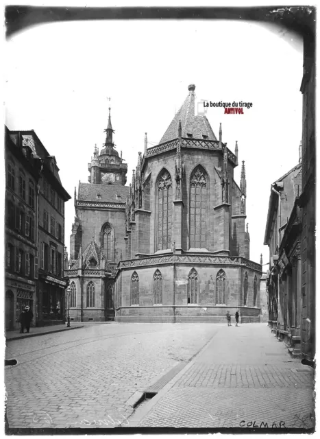 Plaque verre photo ancienne positif noir & blanc 13x18 cm Colmar cathédrale rue