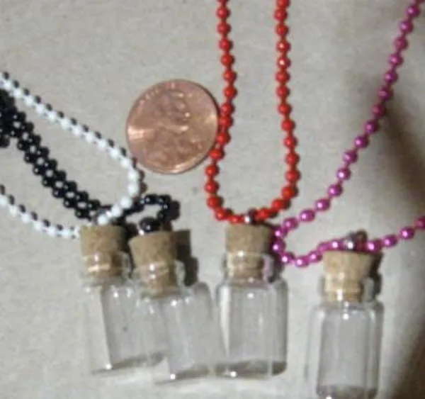 TREASURE  4 TINY GLASS BOTTLE PENDANTS 22x11mm + 4 ball-chain necklaces colored