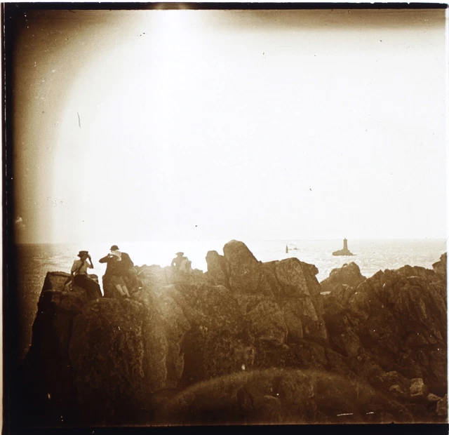 FRANCE rocky landscape seaside photo c1925 vintage glass plate P74L27n5