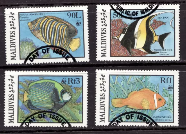 1986 Maldives Sc# 1185, 86, 87, 89 Θ used Tropical Fish postage stamps. WWF