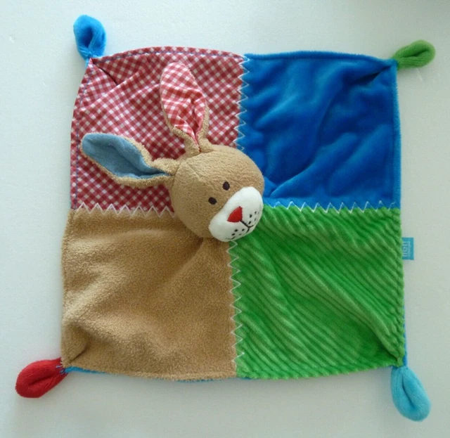 1m. DOUDOU PLAT LIEF LAPIN carré bleu vert marron beige rouge carreaux  - TTBE