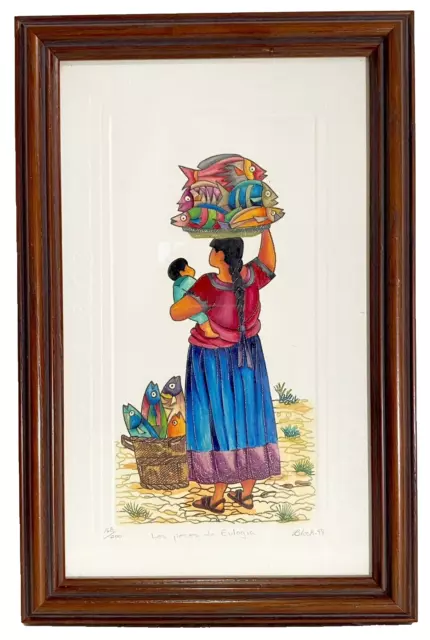 Guatemalan Mayan Indigenous Woman Signed Numbered Painting Fish Child