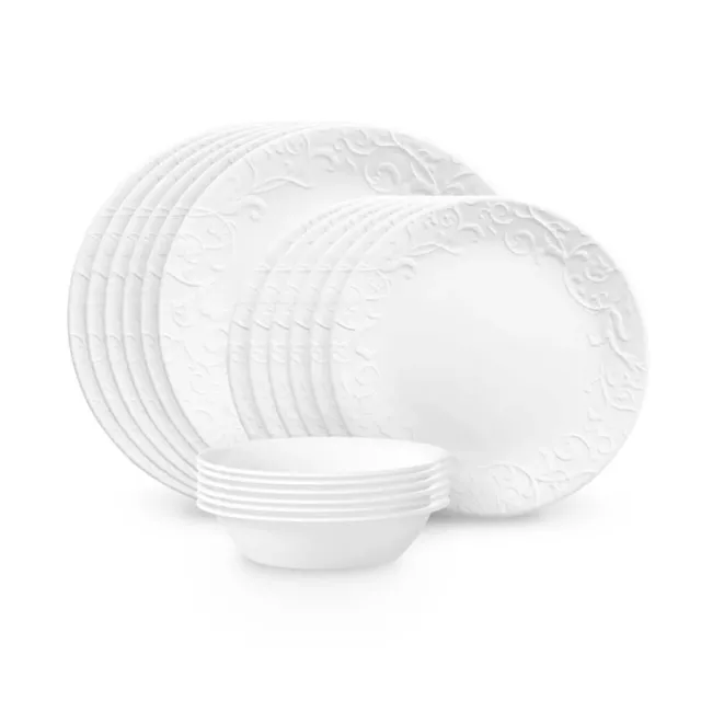 Corelle 18pc Vitrelle Embossed Bella Faenza Dinnerware Set White Plates