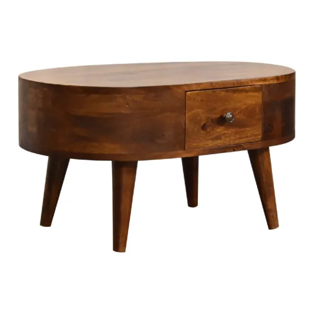 Oval Mid Century Modern Coffee Table with 2 Drawers Mango Wood Living Room