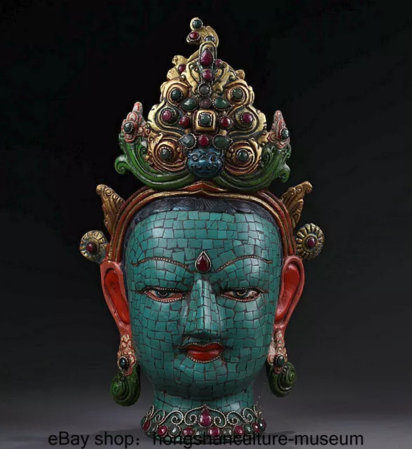 11.6"Old Tibet Bronze Inlay Turquoise Gem Painting Green Tara Buddha Head Statue