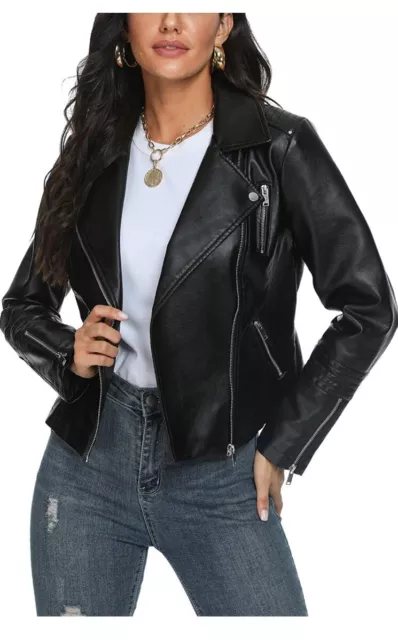 Women's Black Leather Jacket, Faux Motorcycle Biker Coat, XL