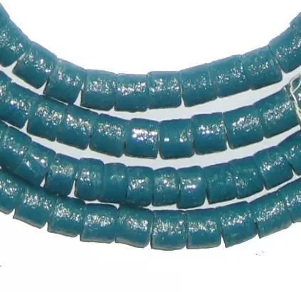 Teal Sandcast Cylinder Beads 9mm Ghana African Blue Glass Large Hole Handmade