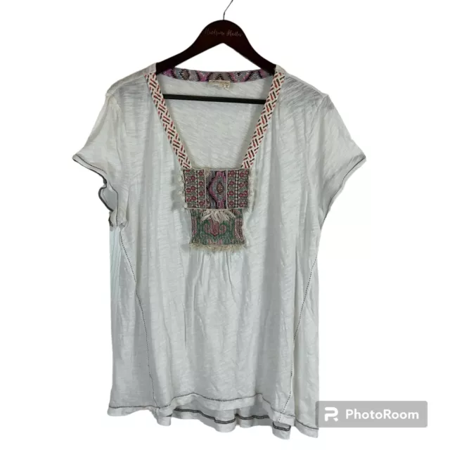 Anthropologie Meadow Rue Women XL White T Shirt Top Fringe Crochet Embroidered