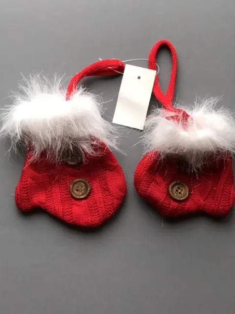 Red Primitive Christmas Ornament Mittens faux fur Set of 2 Cable Knit Buttons