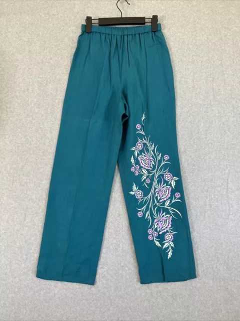 Bob Mackie Pull On Linen Blend Pants Small Teal Floral Embroidered Wearable Art