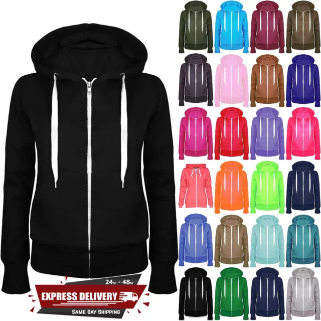 Womens Plain Zip Hoodie Ladies Hooded Zipper Sweatshirt Jacket Coat Hooded Top