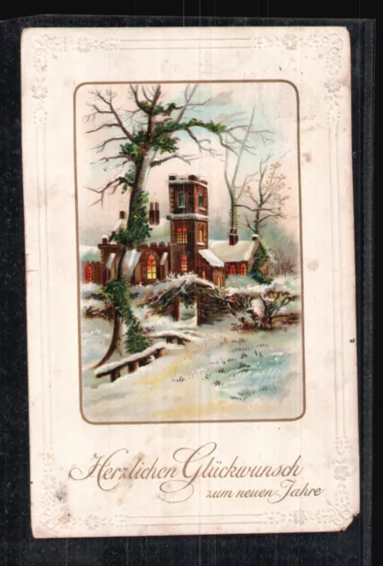 AK Neujahr Glückwunsch, Künstler,  Winterlandschaft Kirche  Kleinformat