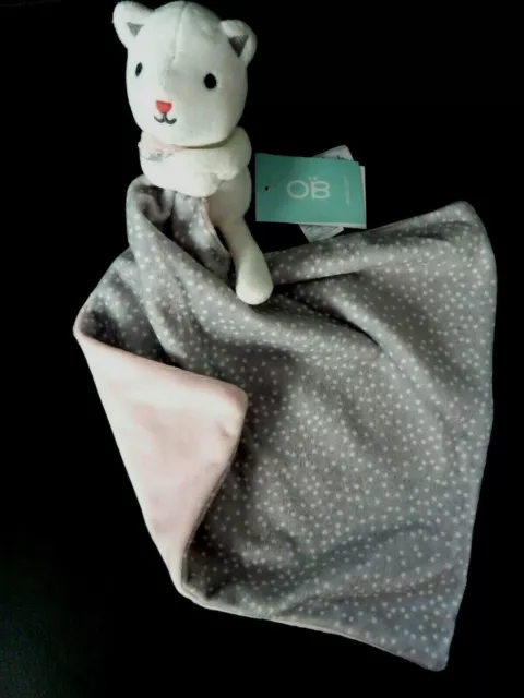 *. Doudou Obaibi Okaidi Chat Ours Blanc Mouchoir Gris Rose - Neuf Etiquette
