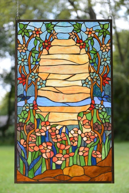 20.75" x 34.5" Handcrafted stained glass window panel Orange Dawn in Valley