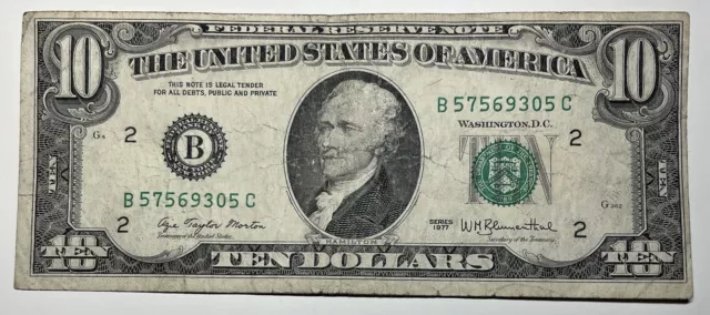 1977 $10 Ten Dollar Bill Federal Reserve Note  New York NY Vintage Old Currency