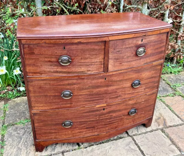 Antique Georgian Mahogany Bow Front Chest Of Drawers Prince Of Wales Handles