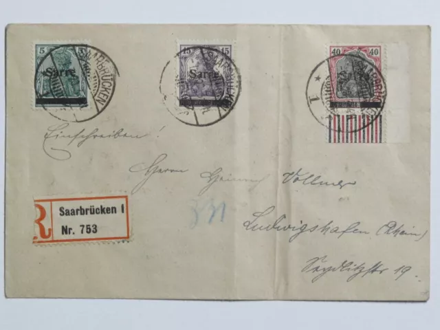 (X41) Saar 4, 7 und 12 (ER) auf R-Brief Saarbrücken 1.3.1920 nach Ludwigshafen