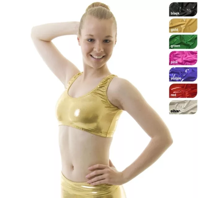 Ladies Girls Wet-look Shiny Metallic Dance Gymnastic Racer Crop Top Or Shorts