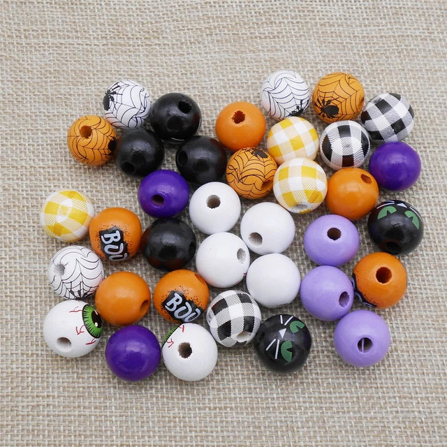24-pack Mixed Halloween Round Wooden Beads Spacers For Crafts Jewellery DIY 16mm