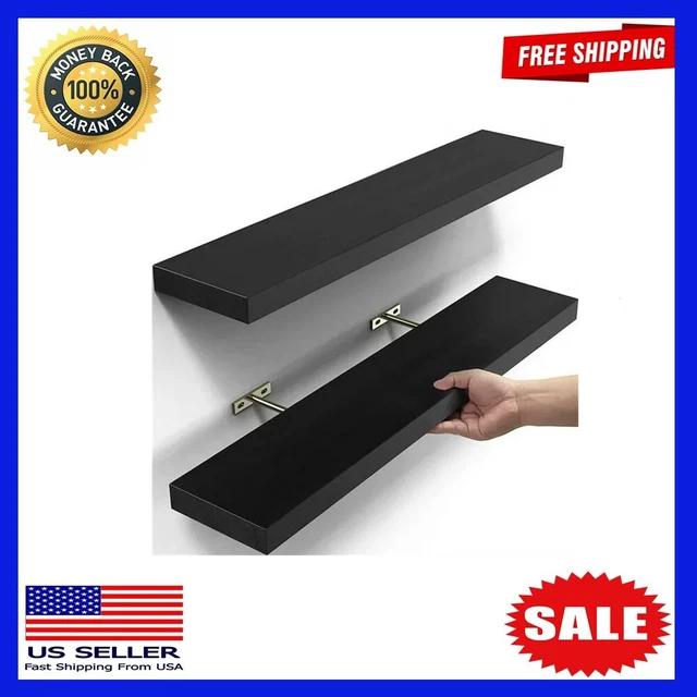 24 INCH SOLID Wood Floating Shelves Wall Mounted Shelves, Black, Set of
