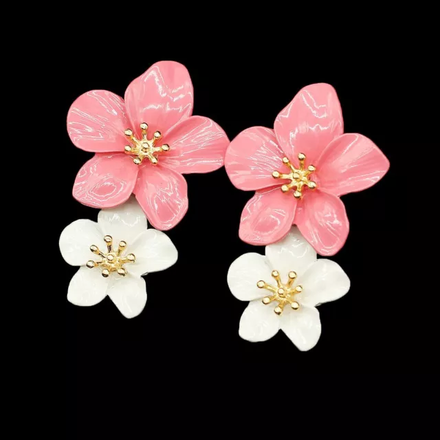 Pink & White Enamel Cute Flowers Girl Women's Party Drop Dangle Earrings Gift