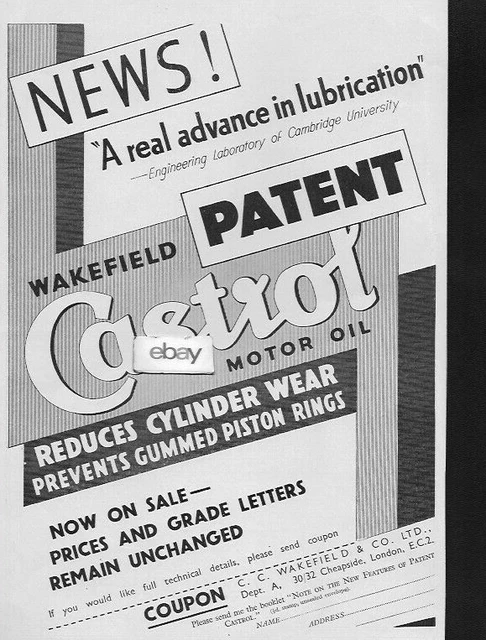 Castrol Motor Oil Co 1935 A Real Advance In Lubrication Wakefield Patent Ad