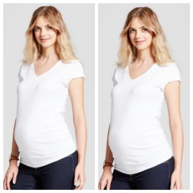 2 Maternity Short Sleeve V-Neck Shirred Maternity T-Shirt White L For Tie-Dye?