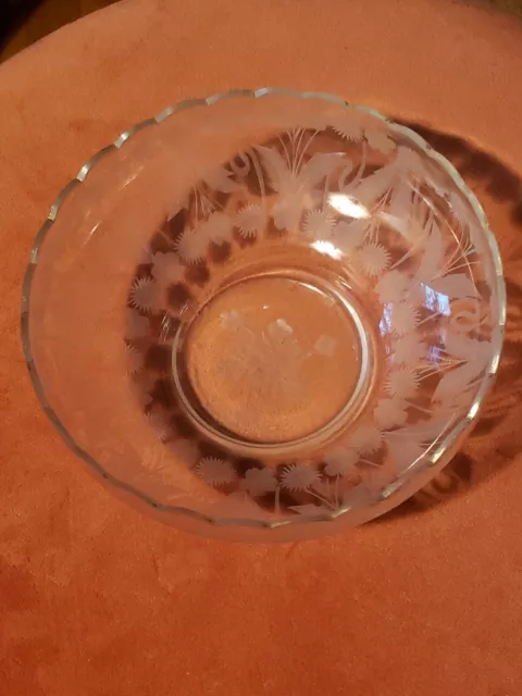 Vintage Etched Flower Clear Glass Bowl/Candy Dish Gorgeous! 6” X 3”