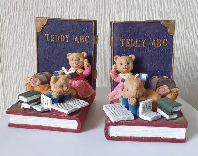 Vintage Hand-painted TEDDY ABC Teddy Bear Heavy Plaster Nursery Book Ends VGC