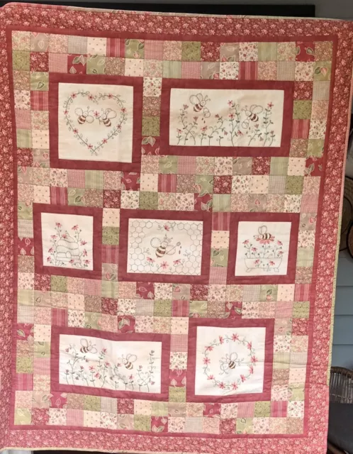 Handmade Crib Size Embroidered Quilt Bee and Garden Design.  Pink/Rose/Green