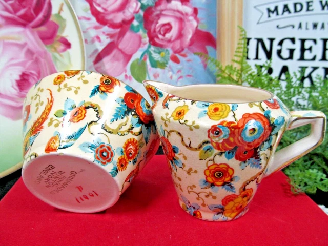 Royal Winton  creamer & sugar holder set chintz Parrot bird floral Grimwades 2