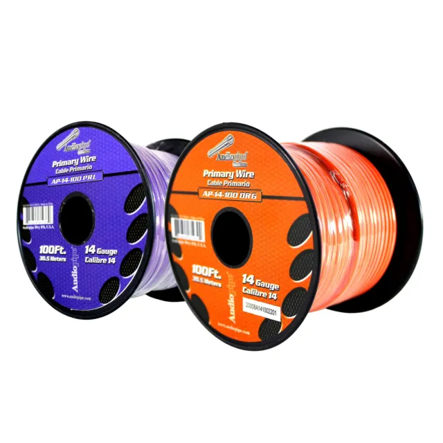 Carrete de cable remoto de alimentación a tierra primaria Audiopipe (2)14ga 100 ft CCA púrpura/naranja