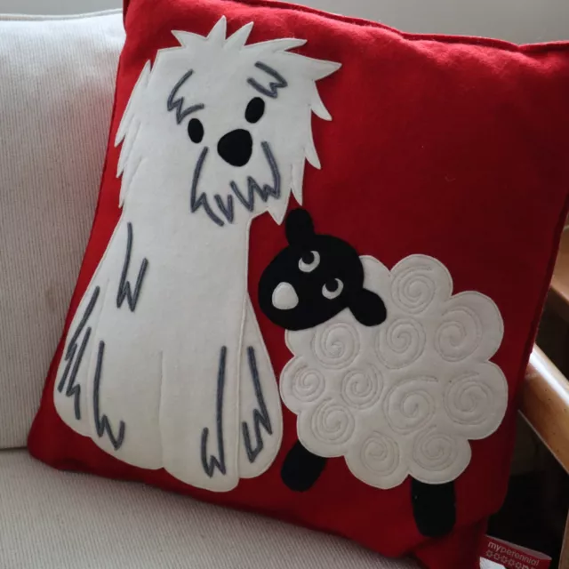 Vintage MyPerennial Throw Pillow Felt w Applique Sheep Dog, Lamb Red 16 x 16"