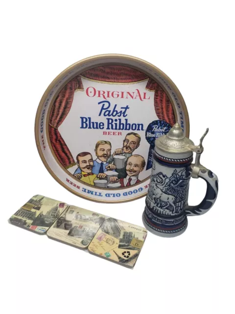 Vintage Beer Colectibles Lot  Blue Ribbon Dish Avon Beer Stein Mug Coasters