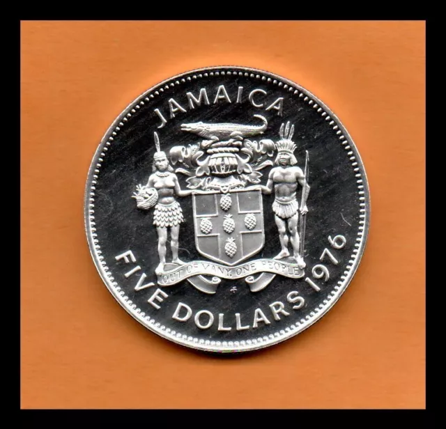 Jamaica UNC Coin 5 Dollars 1976, Silver .925 Proof, 42.1mm, 37.8 gr. KM#62a. 2