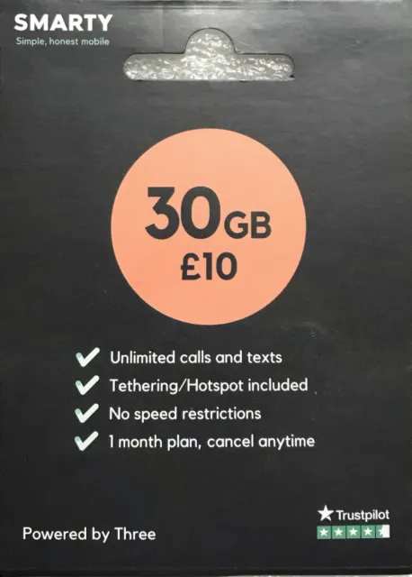 SMARTY sim with 30GB Data & unlimited calls & texts for £10 per month - lot