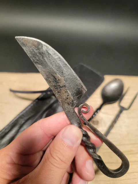 Antique Vintage Style Blacksmith Forged Flint Striker Knife Fork Utensil Set