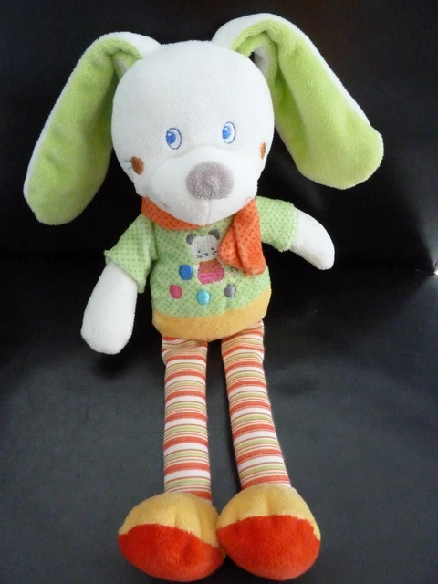 98. DOUDOU PELUCHE MOTS D'ENFANTS LAPIN  JAUNE VERT ECHARPE ORANGE 31 cms - TTBE