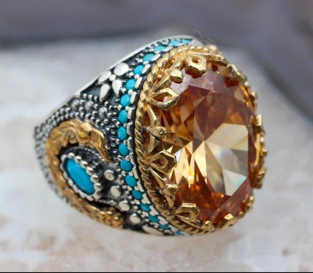 Topaze Bague pour homme Ottomane faite à la main Bague pour homme en argent...