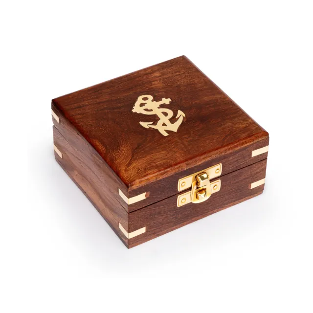 Scatola di legno marittima con intarsi in ottone 11x11x6cm scatola portaoggetti in legno naturale
