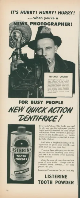 1944 Listerine Tooth Powder News Photographer Camera Busy Vintage Print Ad L19