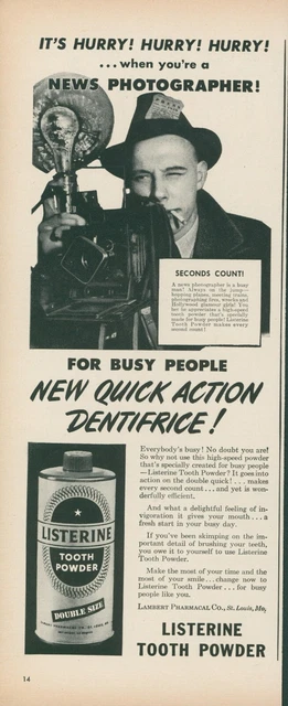 1944 Listerine Tooth Powder News Photographer Camera Busy Vintage Print Ad L19