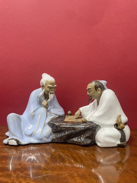 Vtg CHINESE SHIWAN MUDMAN Glazed Figurine "Two Men Playing Chess"
