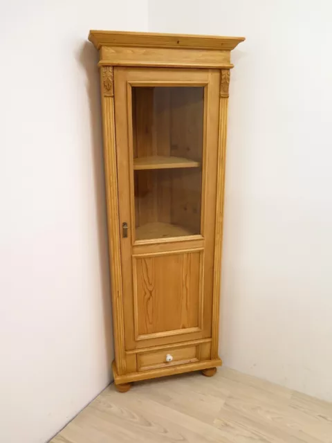 schöner schmaler Jugendstil Eckschrank, Weichholz massiv, Vitrine von Antik-Lux